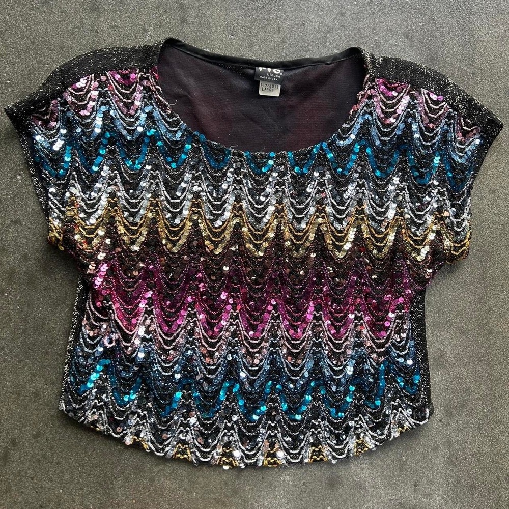 Vintage 80s Rio Made In Usa Size Large Rainbow Sequin Top Blouse